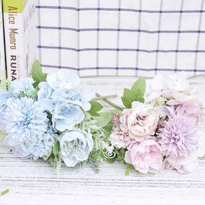 Gedroogde bloemen kunstmatige bloemen pioen luchtblauwe nep bloemen hydrangea hoogwaardige luxueuze boeket bruiloftdecoratie voor thuistafel decor