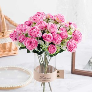 Gedroogde bloemen Kunstmatige roze theerozen Boeket Bruiloft Bruidsaccessoires Opruiming voor kersthuisdecoratie Nepplant