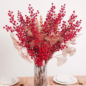 Fleurs séchées artificielles bouquet de baies rouges fausse plante pour la maison vase décor ornements d'arbre de Noël année fête décoration de Noël 231130