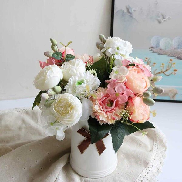 Fleurs séchées Miss pivoine artificielle en soie, petit Bouquet blanc, décoration de fête à domicile, de mariage d'hiver, faux