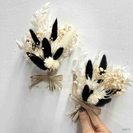 Fleurs séchées Noir Blanc Corsage Boutonnière De Mariage pour Mariée Marié Hommes Mini Bouquet De Fleurs Séchées pour Mariage Homecoming Prom Table Decorat R230725