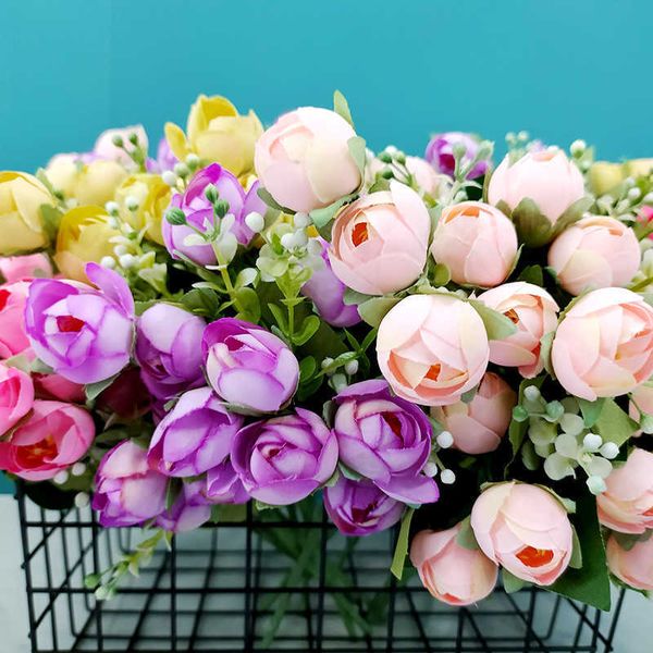 Ramo de flores secas, bolsa de té de peonía artificial, rosa de seda falsa para otoño, decoración para sala de estar, hogar, jardín y boda