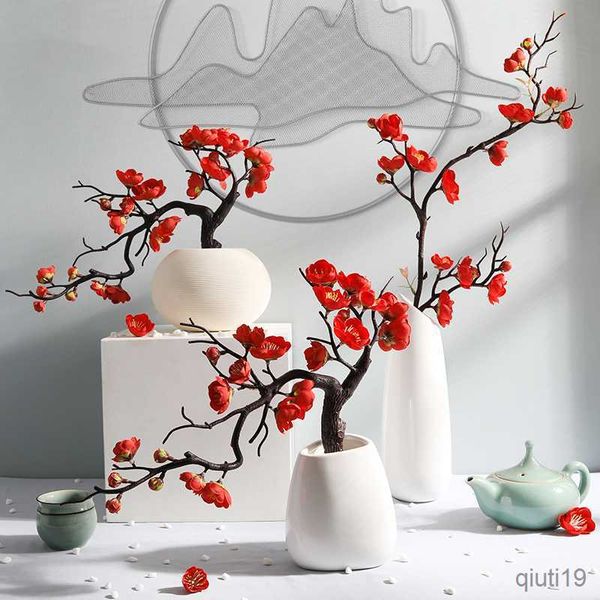 Fleurs séchées cerise prune rouge fleur de soie de soie de fleurs artificielles branche en plastique pour le mariage maison bricolage décoration mousse de Noël baies fausses fleurs r230725