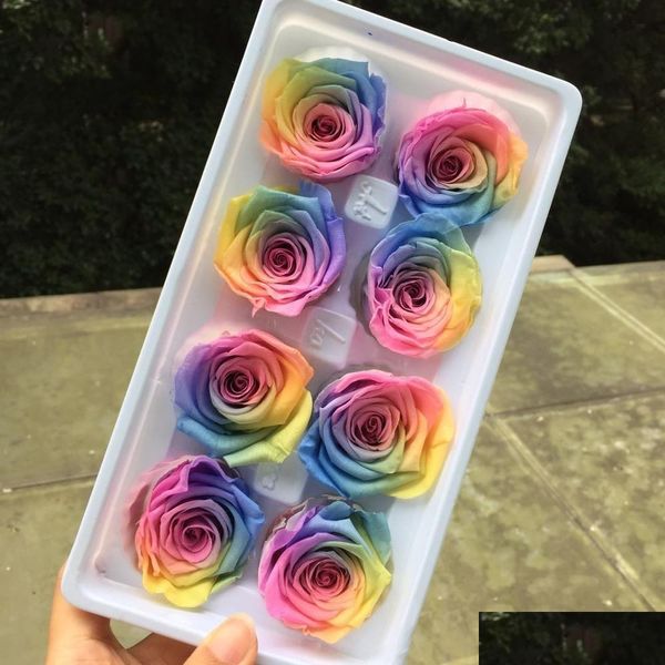 Flores secas Grado A Preservado Rainbow Rose Head Eternelle Roses para el banquete de boda Accesorios de decoración del hogar Caja de regalo de bricolaje Favor Y Dhs9A