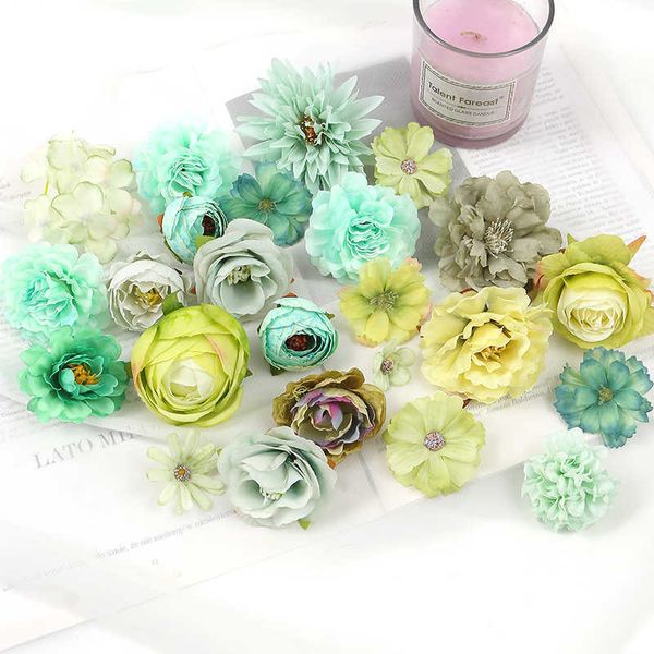 Flores secas, cabezas artificiales de rosas verdes, seda falsa para decoración del hogar, decoración de boda, corona artesanal artesanal, accesorio de regalo