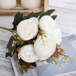 Fleurs séchées Tête de fleur à bas prix Soie blanche Rose Pivoine Simulation Bouquet Cadeau de Saint-Valentin DIY Décoration de mariage familial Faux