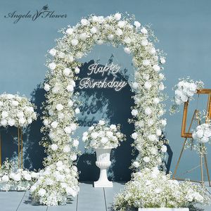 Fleurs séchées Luxury White Rose Babysbreath Mariage 5d Floral Runner Arrangement Event Table Centres de Tabillard Bal