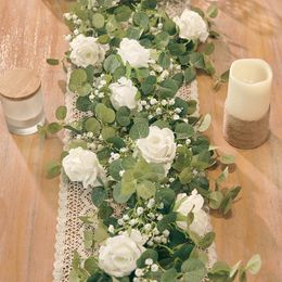 Flores secas PARTY JOY Seda artificial Rose Gypsophila Garland Fake Eucalyptus Vine Plantas colgantes para boda Home Party Craft Decor 230725