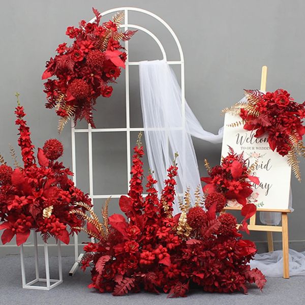 Fleurs séchées rouge Rose feuille d'or fleur artificielle rangée jacinthe pavot décor fête de mariage arc mariage bienvenue signe route plomb faux Floral 231207