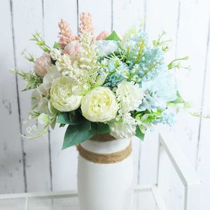 Fleurs séchées Roses artificielles pivoine en soie blanche de haute qualité bleu ciel mariée Bouquet décor de mariage fausse fleur accessoires pour la maison artisanat