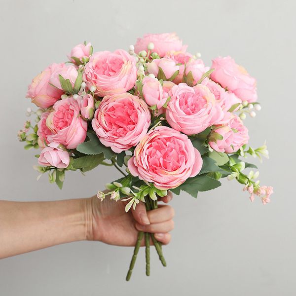 Fleurs séchées vente 1pcs30cm Rose Rose Bouquet de soie pivoine fleur artificielle 5 grande tête 4 petit bourgeon mariée mariage décoration de la maison Artifi 230923