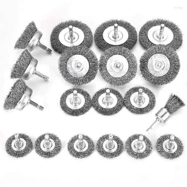 Brosse métallique de forage, 19 pièces, tasse de roue, tige hexagonale de 1/4 pouces pour fixation, antirouille, polissage