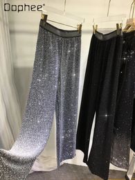 Pantalon Wideleleg Femme Spring Summer Silk lisse vertical Silk Full Diamond Elastic Gaist StraightForting Pants 240517