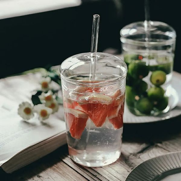 Verres à boire avec couvercles en forme de dôme et paille en verre, tasses en forme de bière, gobelet à café glacé, verres à faire soi-même, 240122