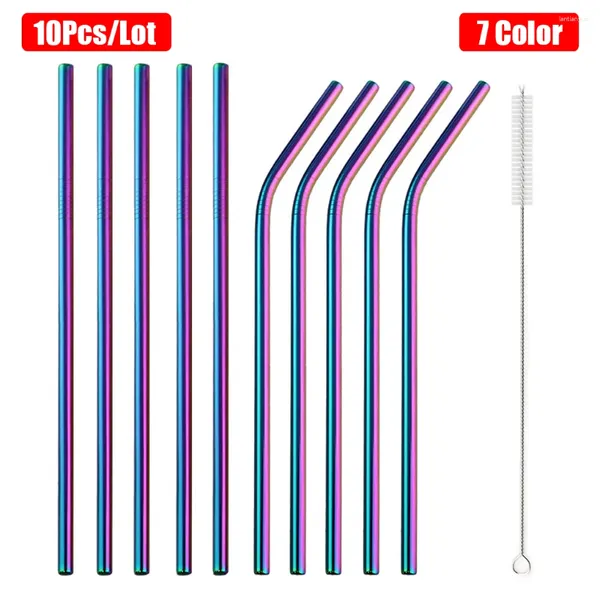 Pailles à boire 10 pièces ensemble de métal réutilisable avec brosse plus propre Bar fête Cocktail 304 paille en acier inoxydable pour verres Drinkware