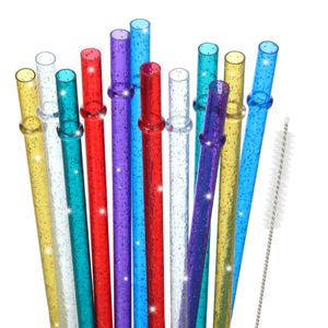 Pailles à boire en plastique réutilisable de 11 pouces sans BPA Colorf Glitter pour pot et gobelets de 40/30/24 oz avec brosse de nettoyage nettoyant or foncé amuNK