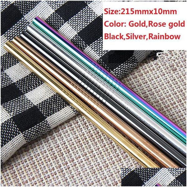 Pailles à boire 215mmx10mm argent/noir/or/or rose/arc-en-ciel en acier inoxydable St large long réutilisable gros smoothie en métal STS Lx047 Drop Dhb7G