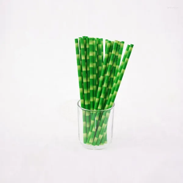 Pailles à boire en papier Tiki imprimé bambou vert, 25 pièces, environnemental pour mariage, anniversaire, Bar/Pub, fourniture de fête