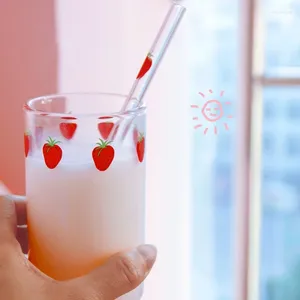 Rietjes 300Ml Meisje Hart Leuke Aardbei Melk Cup Glas Met Print Sippy Mok Eenvoudige Fruit Drinken zomer Water