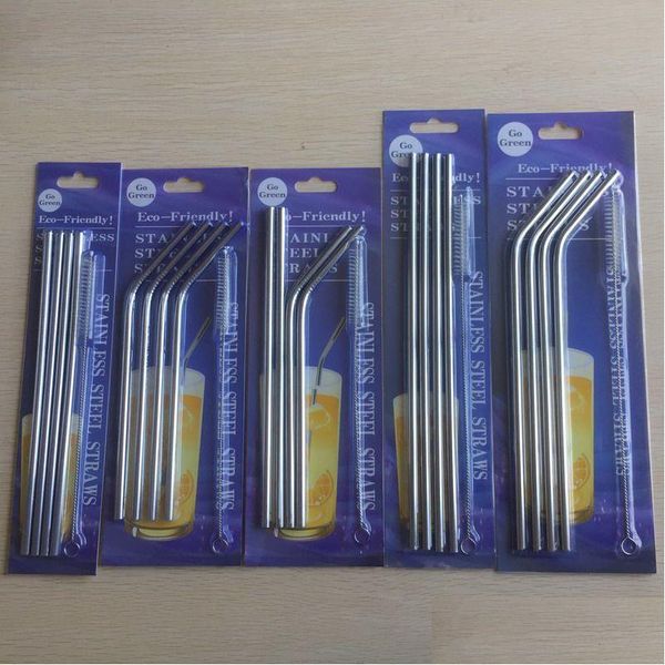 Pailles à boire 4pcs / paquet en acier inoxydable STS filtre réutilisable droit et plié avec brosse bricolage thé café outil blister paquet drop de dhj9x