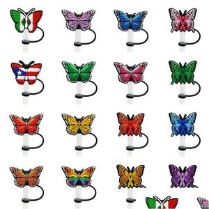 Pailles à boire motif papillon doux Sile St Toppers accessoires en PVC charmes bouchon anti-poussière réutilisable anti-éclaboussures décoratif 8 mm dans le tumb Dhhfy