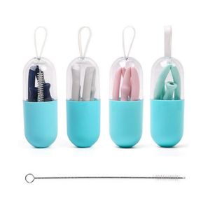 Paies à boire pliant en silicone paille réutilisable pliage avec étui de transport et brosse de nettoyage pour les boissons de bureau à la maison7175210