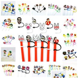 Drinkrietjes Custom Bad Bunny Etc Patroon Soft Sile St Toppers Accessoires Er Charms Herbruikbare Splash Proof Dust Plug Decoratief 8Mm Deel