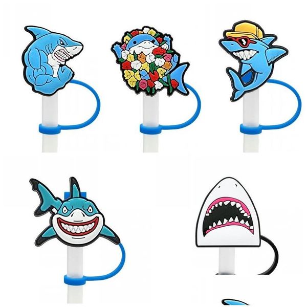 Pailles à boire Funny Shark St Er Topper Sile Accessoires Charms Réutilisable Splash Proof Dust Plug Décoratif Bricolage Votre Propre 8Mm Drop Delivery