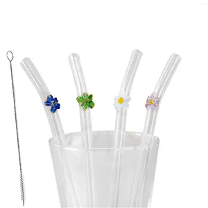 Paigne de boisson Boire Paille de verre avec des fleurs résistantes à la fleur Brosse de nettoyage de kit réutilisable pour les gobelers tasses à café Mason