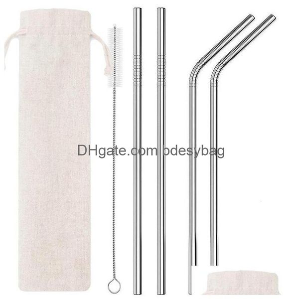 Pailles à Boire Ensemble De 6 Sts En Acier Inoxydable Avec Brosse De Nettoyage Et Pochette 215Mm 265Mm Réutilisable Droit Plié Métal St Fête Mariage Dhywh