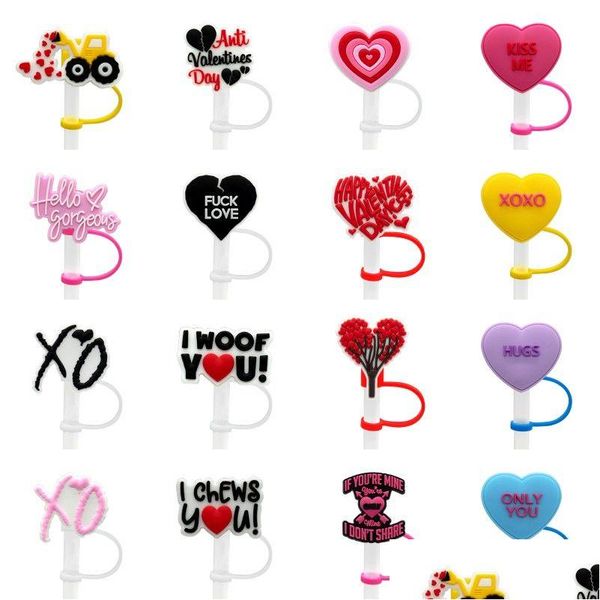 Pailles à boire Saint Valentin St Er Topper Sile Accessoires Charms Réutilisable Anti-éclaboussures Bouchon Anti-poussière Décoratif DIY Votre Propre Goutte De 8 Mm Dhobn