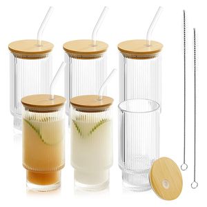 Tasse transparente de 16OZ pour eau potable, gobelet en verre à rayures verticales avec paille et couvercle, vente en gros