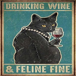 Drinking Wine Tin Sign Black Cat Affiche et Feline Fine Iron Painting Vintage Home Decor for Bar Pub Club H0928279E