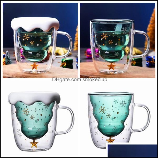 Drinkware Kitchen, Dining Bar Home Gardenchristmas Tree Glass Mugs Vasos de doble capa resistentes al calor Bottes Desayuno Avena Milk Cup C