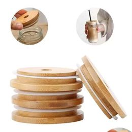 Tapa de bebida Tapas de tapa de bambú 70 mm 86 mm Tarro de madera reutilizable con orificio St y sello Sile Boutique Drop Delivery Home Garden Kitc Dhblu