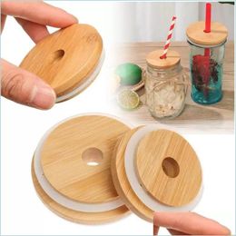 Verres Couvercle Usine Bambou Cap Réutilisable En Bois Mason Jar Couvercles 70Mm Avec St Trou Et Sile Joint Pour La Mise En Conserve Pots À Boire Top Drop D Dhitp