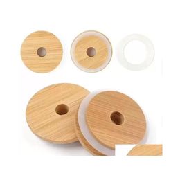 Drinkware -deksel FedEx Bamboo Cap Deksels 70 mm 86 mm herbruikbare houten metselaarpot met ST Hole en Sile Seal Delivery Drop Home Garden Kitchen Dhtis