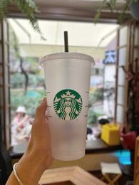 Drinkware -deksel Starbucks 24oz/710 ml Plastic Tumbler deksel herbruikbaar helder drinkplatige bodem pilaarvorm stro bardian mok kleur veranderen flits cup 50 st
