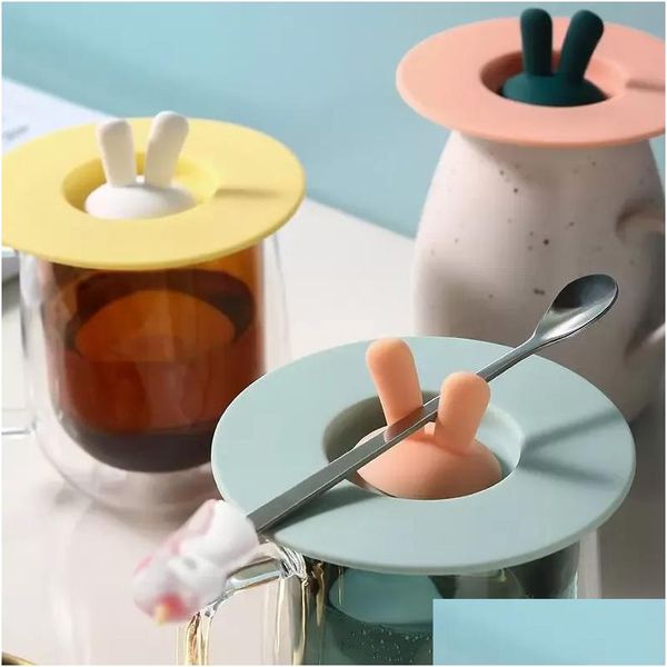 Drinkware Couvercle Ups Sile Cup Couvercles 10cm Dessin animé Oreilles de lapin Prévention de débordement Anti-poussière Bol rond Réutilisable Joint Tasse à café Caps Er 1 Dhr1U