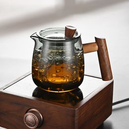 Juego de té de cristal de tres piezas de la taza de la oficina de la tetera de la manija de madera de los vasos