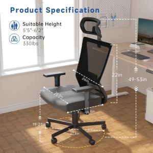 Dripex Ergonomic Office Chair, High Back Desker, chaise en maille informatique avec support lombaire, accoudoir 2D Adjudable