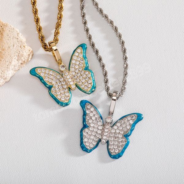 Collier pendentif papillon avec ailes lumineuses, goutte d'huile, haute qualité, glace AAA + CZ, bijoux pour hommes et femmes