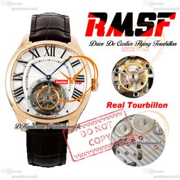 Drive Flying Tourbillon Mechanical Handing Mens Watch RMSF Gold Rose Silver Black Roman Dial Brown Leather Super Edition Relojes RELOJ Hombre Puretime Ptcar