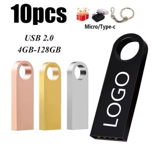 Drijft 10 stks gratis aangepaste USB -flashdrive 4 GB 8GB 2.0 High Speed Pen Drive 16 GB 32 GB 64 GB 128 GB Pendrive Metal USB Sticks met sleutel