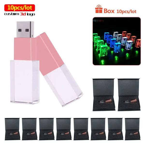 Drives 10pcs Rose Gold Usb Flash Drive 4G 16G Pendrive 32 Go 64 Go 128 Go Pen Disk Disk Usb Drive Crystal Memory Stick 4 couleurs lumières