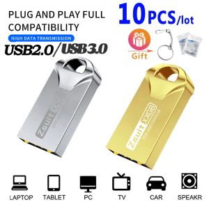 DRIVES 10 stks waterdichte metalen USB -flitsaandrijving 64 GB Pendrive Flash Disk 128G USB 3.0 Memory Stick USB 2.0 Gratis Logo Gift Mini U Disk Key