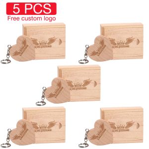 Drives 5 pcs / lot Box Box Memory Stick Wood Heart Usb Flash Drive Free Custom Logo Pen Drive 128 Go 64 Go 32 Go Photography Wedding Gift