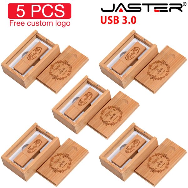 Drives 5 pcs / lot Boîte en bois Drive flash USB USB 3.0 Drive de stylo logo personnalisé gratuit 128 Go 64 Go 32 Go Memory Stick Photographie Cadeaux de mariage