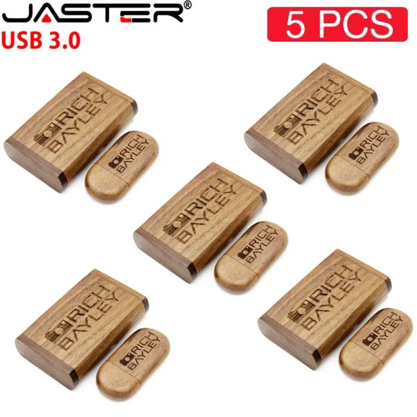 Drives 5pcs / lot Jaster USB 3.0 USB en bois + boîte à stylo de stylo 4 Go 16 Go 32 Go 64 Go USB Drive flash Pendrive Memory Stick 1pcs Logo personnalisé gratuit