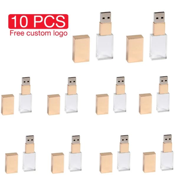 Drives Jaster 10 PCS Lot USB Drive flash 128 Go Crystal Memory Stick 64 Go 3D Laser Gravure Pen Drive 32 Go Free Logo U Disk 16 Go Golden